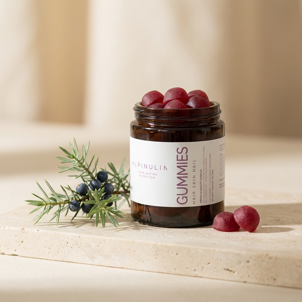 HAIR · SKIN · NAIL GUMMIES <br> Pure Alpine Beauty Komplex – für volleres Haar, festere Nägel, ebenmäßigere Haut.