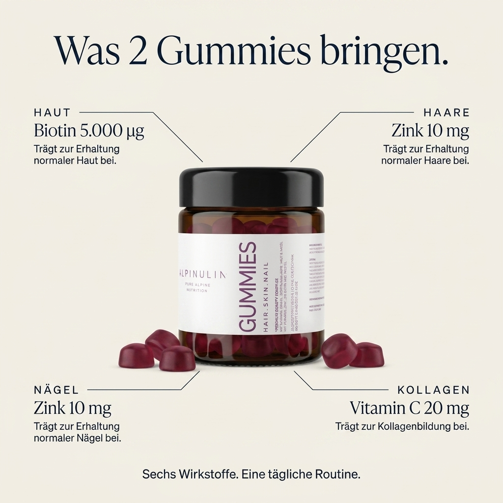 HAIR · SKIN · NAIL GUMMIES <br> Pure Alpine Beauty Komplex – für volleres Haar, festere Nägel, ebenmäßigere Haut.