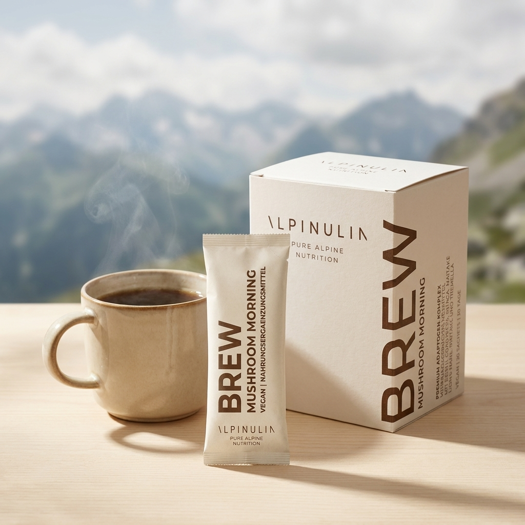 BREW Mushroom Morning — Packung mit Sachet und Tasse vor Alpenpanorama